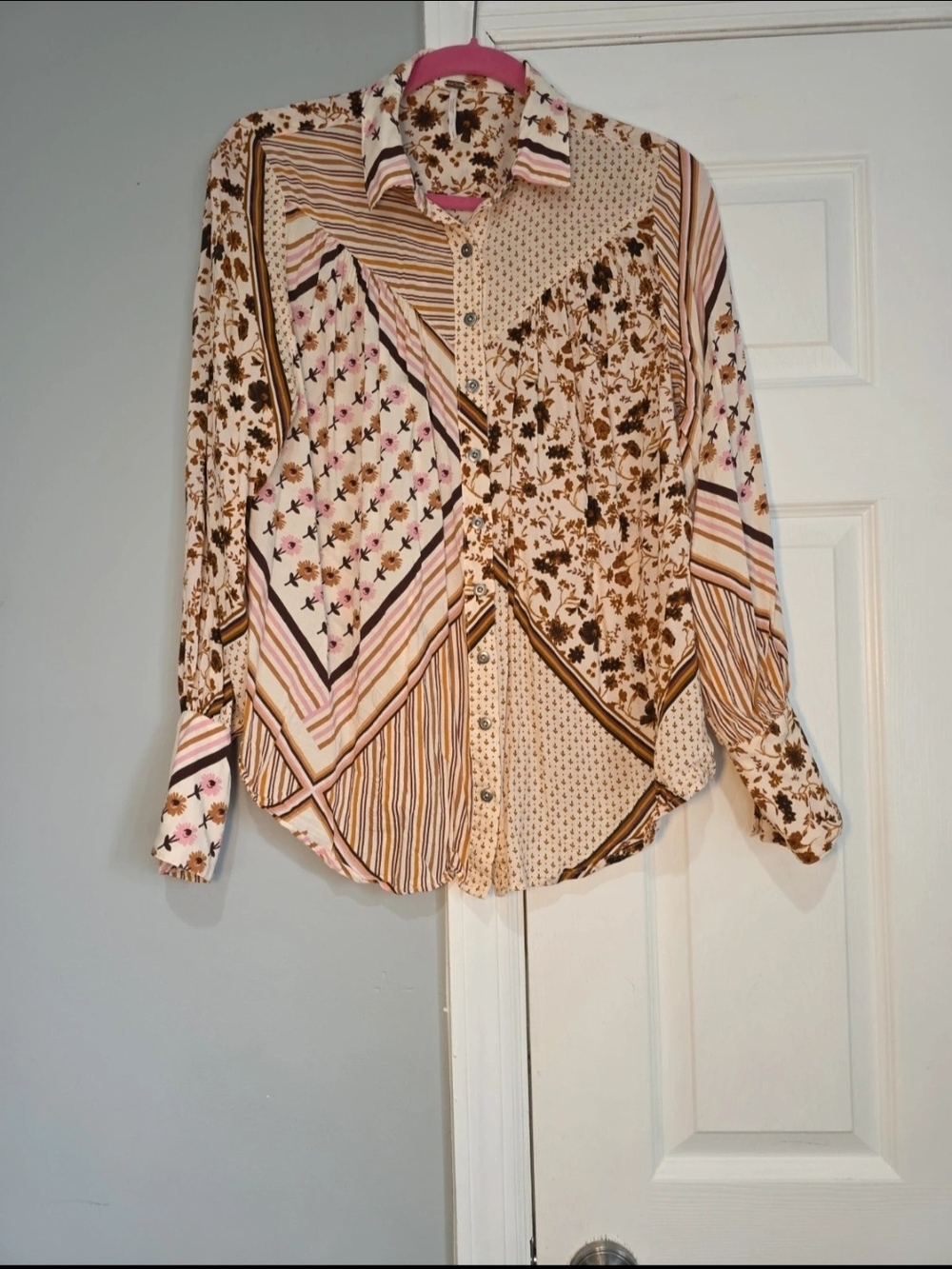 Free People Mixed Floral & Stripe Patchwork Button-Down Blouse - Pink & Brown